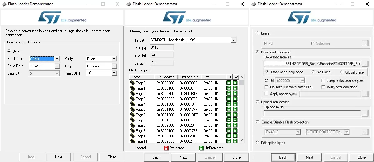Screenshot of STM32CubeProgrammer to flash the firmware on the chip.