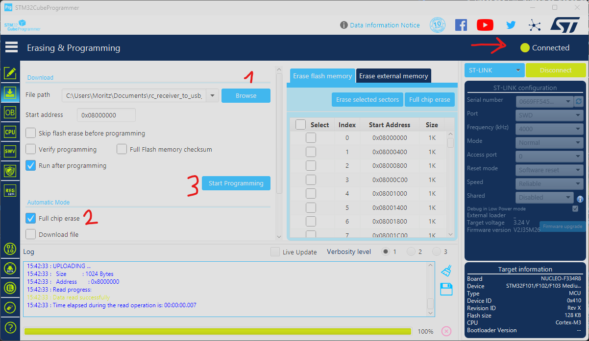 Screenshot of STM32CubeProgrammer to flash the firmware on the chip.